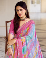 Vishal Prints Blush Pink And Northern Blue Fancy Chiffon Digital Print Saree With Foil Print And Fancy Border