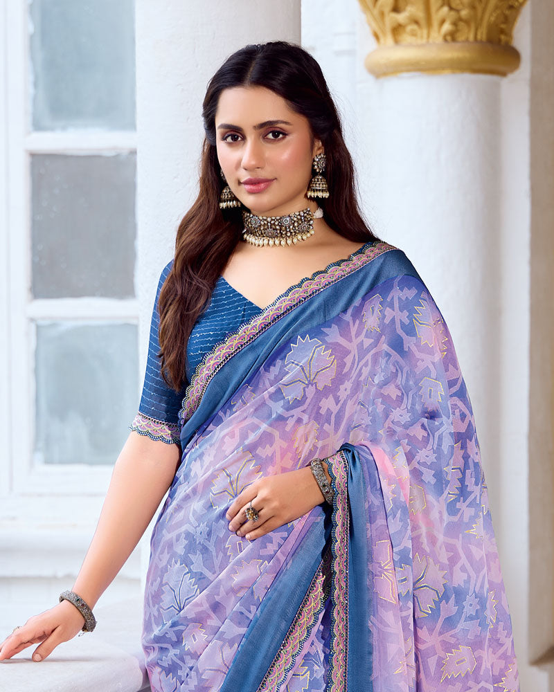 Vishal Prints Pastel Violet And Purple Fancy Chiffon Digital Print Saree With Foil Print And Fancy Border