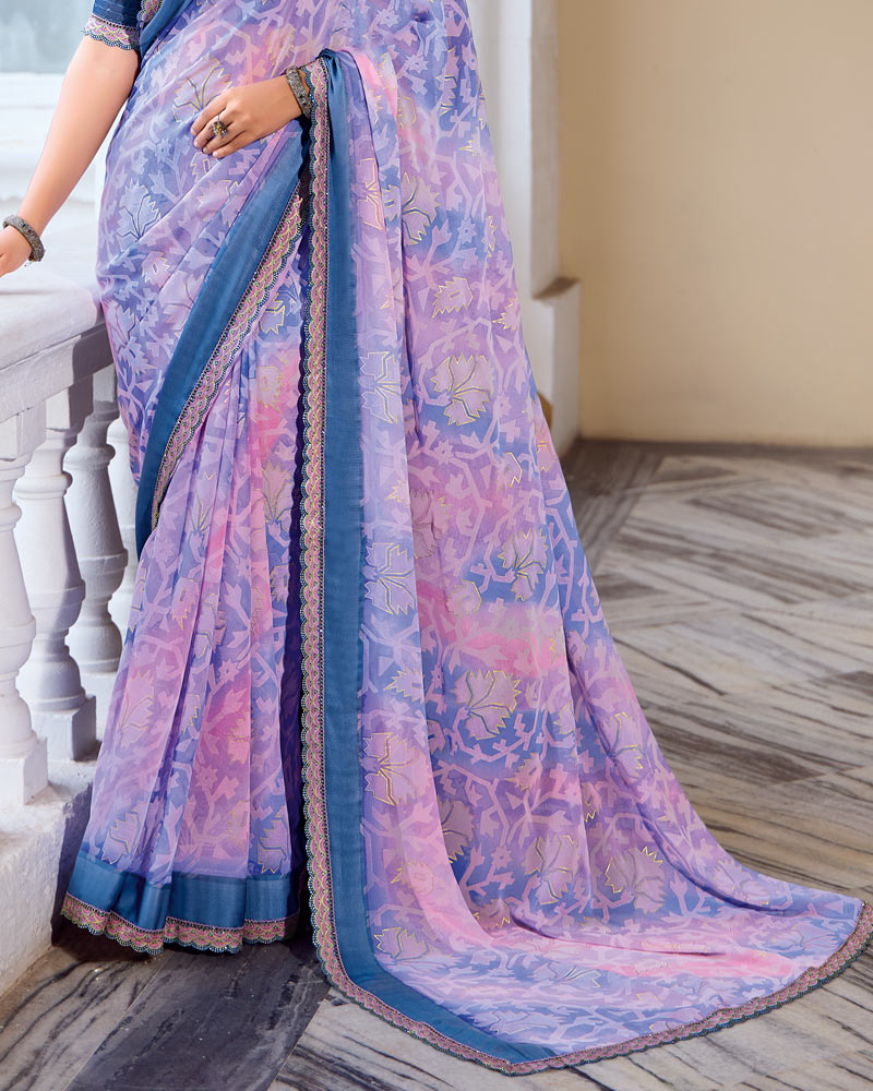 Vishal Prints Pastel Violet And Purple Fancy Chiffon Digital Print Saree With Foil Print And Fancy Border