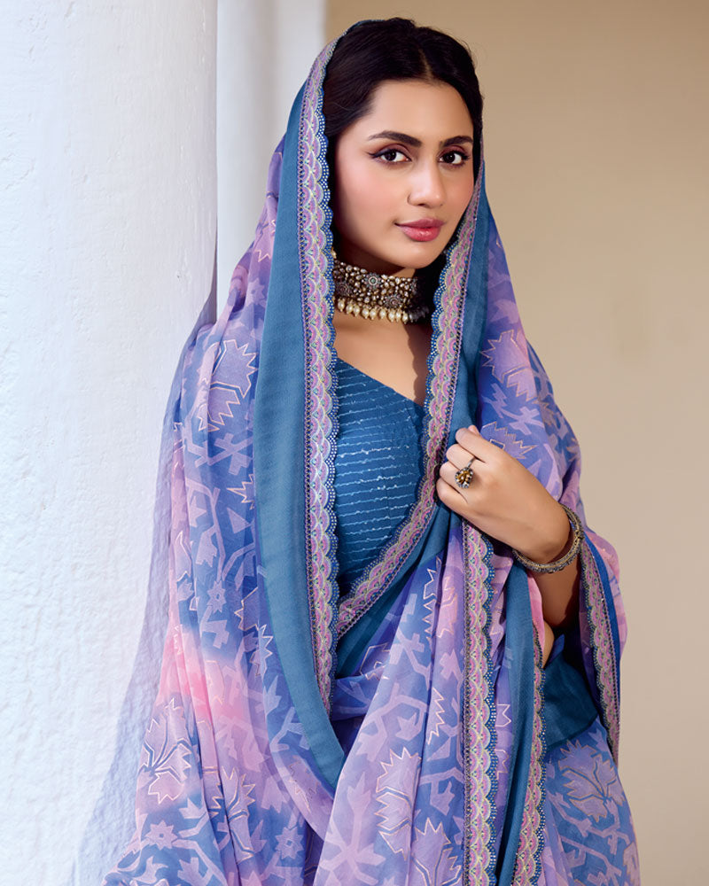 Vishal Prints Pastel Violet And Purple Fancy Chiffon Digital Print Saree With Foil Print And Fancy Border