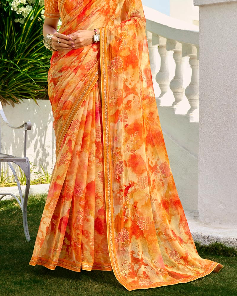 Vishal Prints Multi Orange Printed Chiffon Saree With Foil Print And Fancy Border