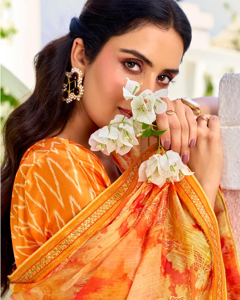 Vishal Prints Multi Orange Printed Chiffon Saree With Foil Print And Fancy Border