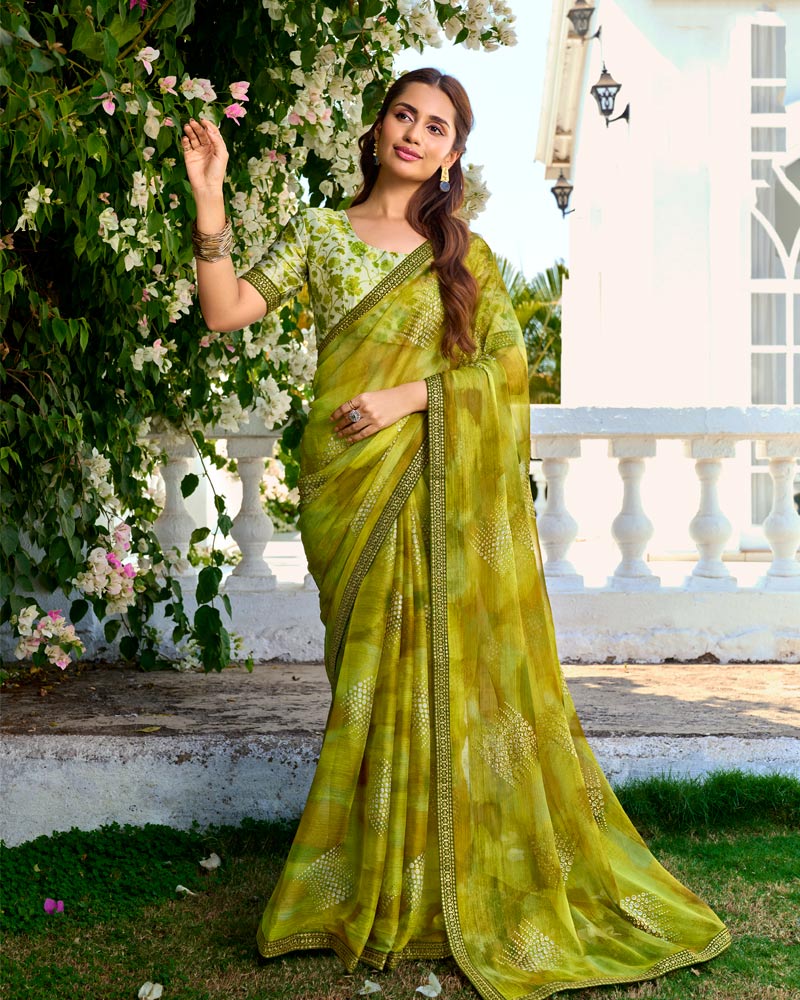 Vishal Prints Olive Yellow Printed Chiffon Saree With Foil Print And Fancy Border