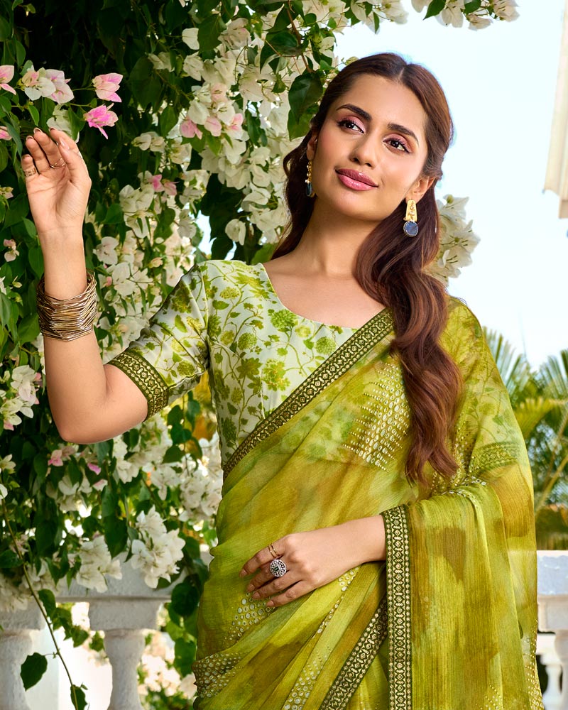 Vishal Prints Olive Yellow Printed Chiffon Saree With Foil Print And Fancy Border