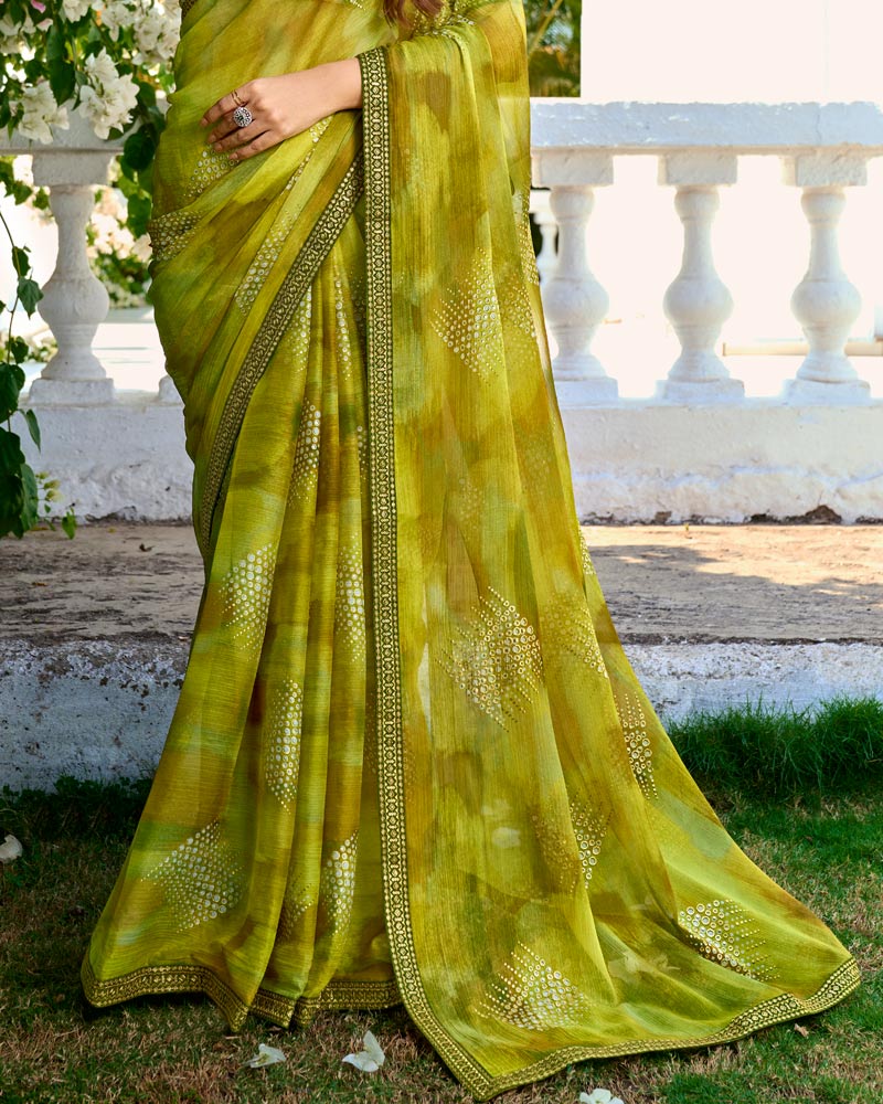 Vishal Prints Olive Yellow Printed Chiffon Saree With Foil Print And Fancy Border