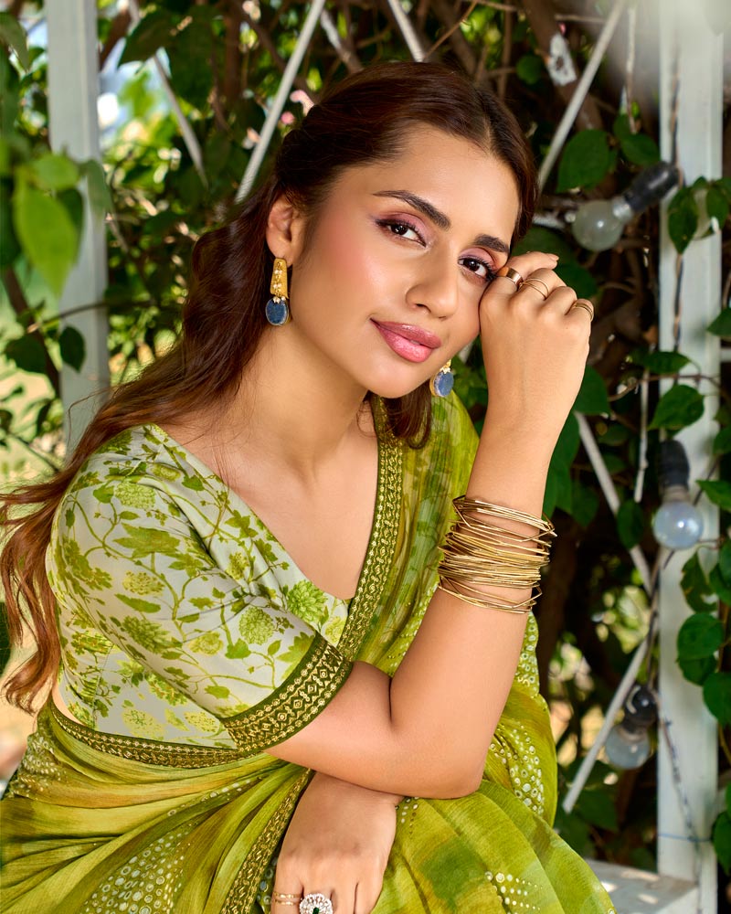Vishal Prints Olive Yellow Printed Chiffon Saree With Foil Print And Fancy Border