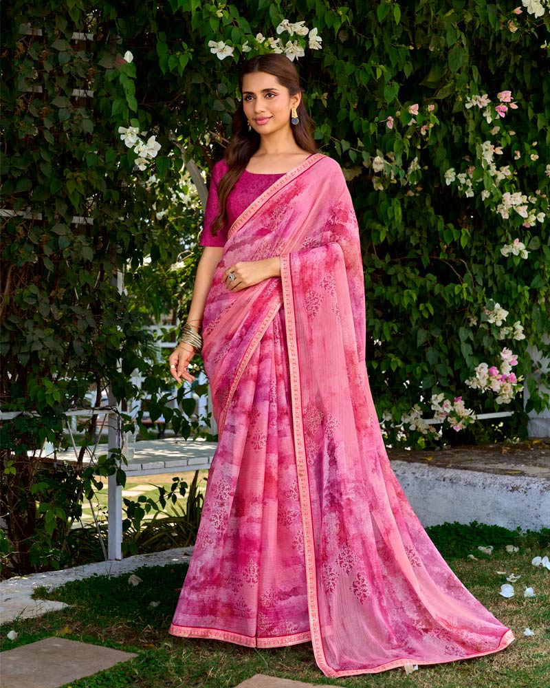 Vishal Prints Rosy Pink Printed Chiffon Saree With Foil Print And Fancy Border