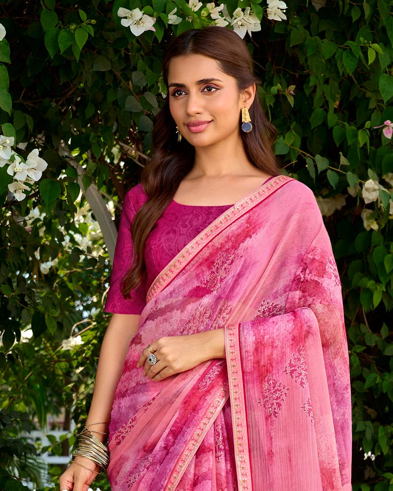 Vishal Prints Rosy Pink Printed Chiffon Saree With Foil Print And Fancy Border