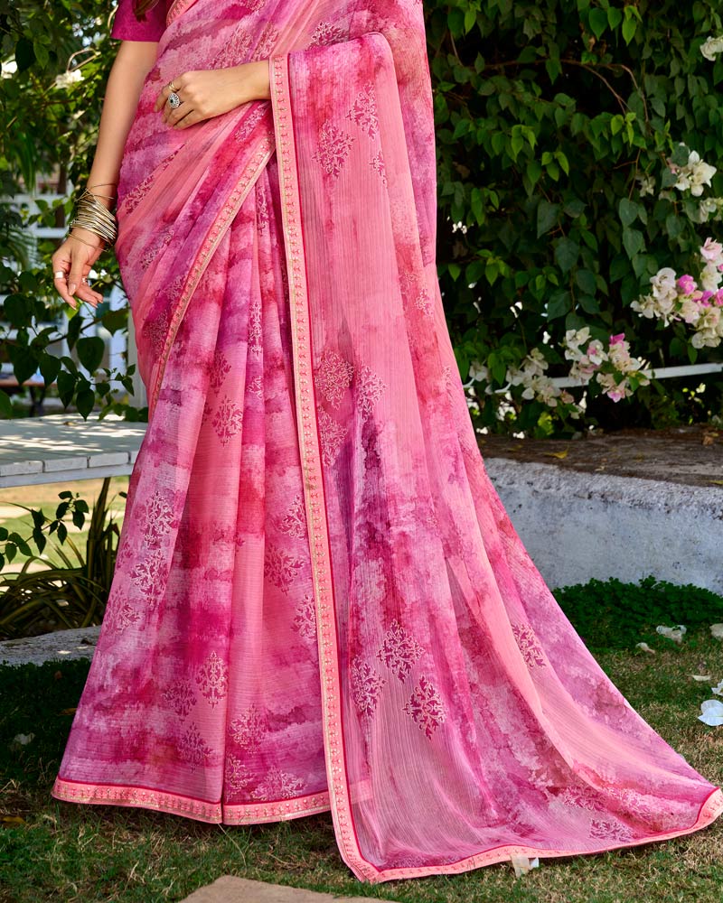 Vishal Prints Rosy Pink Printed Chiffon Saree With Foil Print And Fancy Border