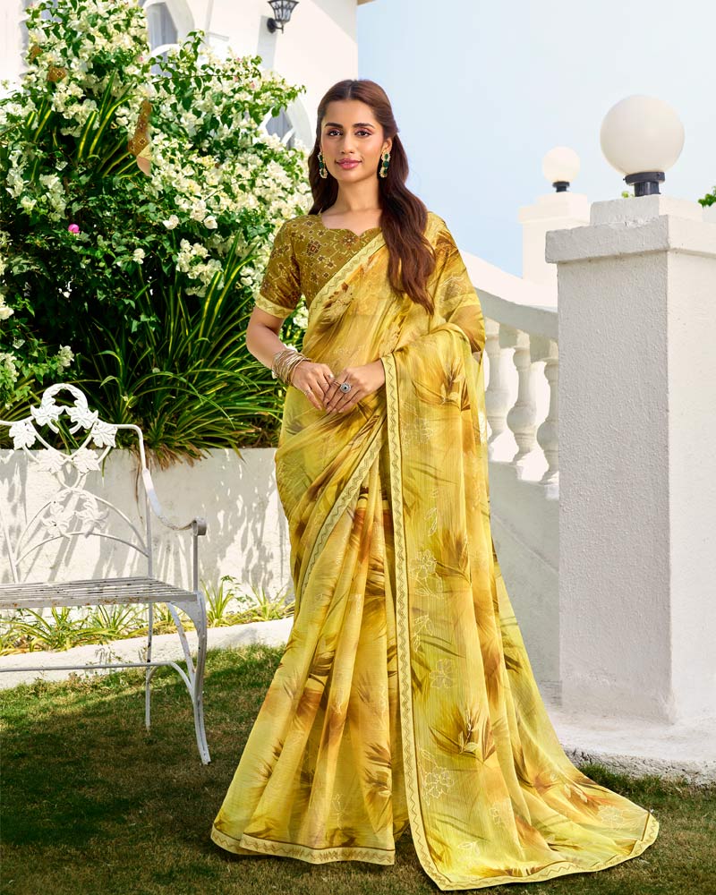 Vishal Prints Light Pastel Yellow Printed Chiffon Saree With Foil Print And Fancy Border