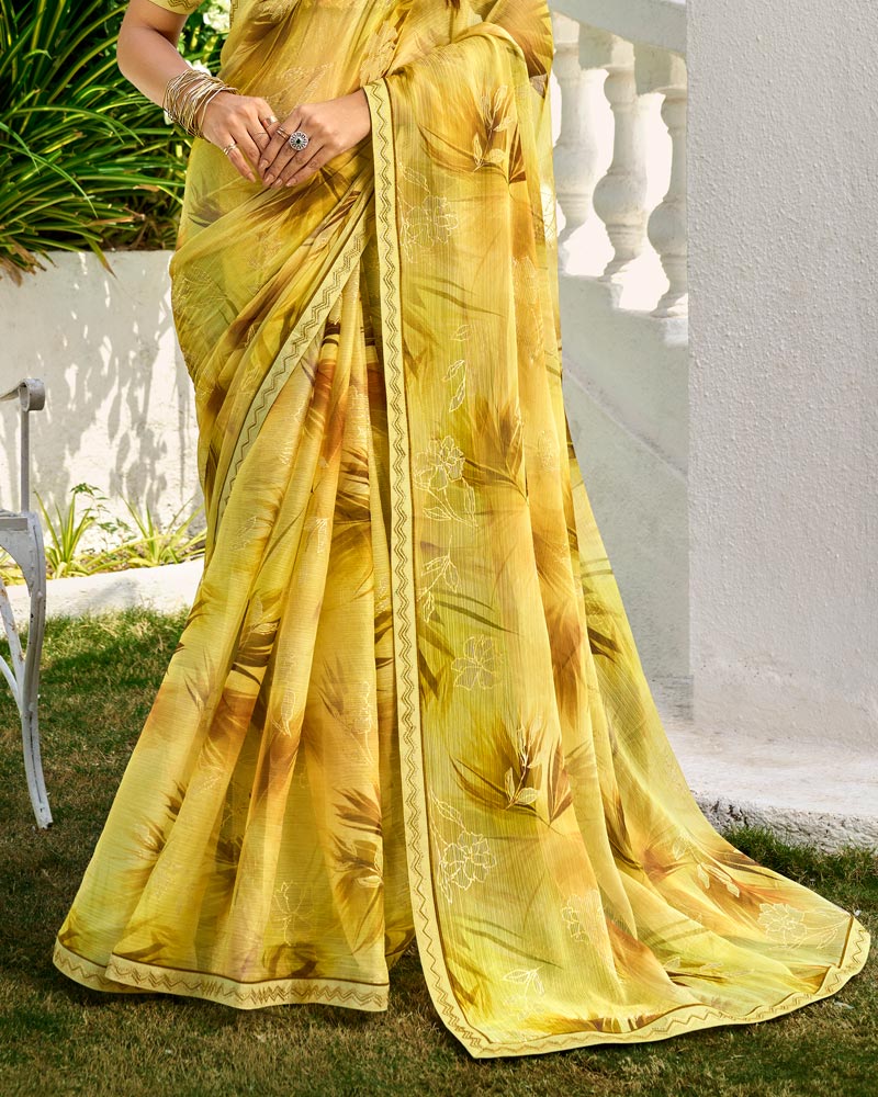 Vishal Prints Light Pastel Yellow Printed Chiffon Saree With Foil Print And Fancy Border