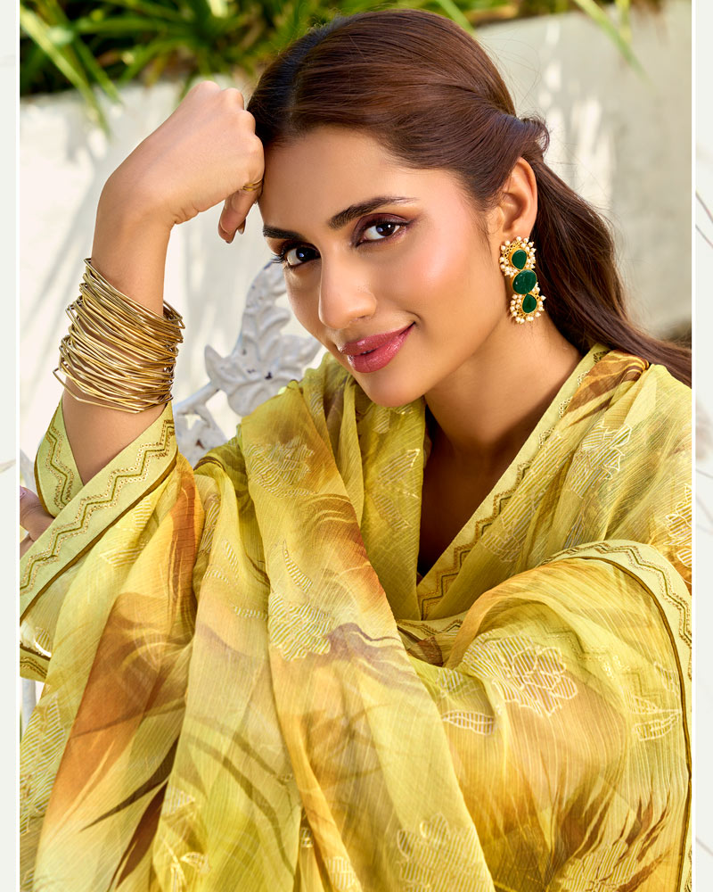 Vishal Prints Light Pastel Yellow Printed Chiffon Saree With Foil Print And Fancy Border