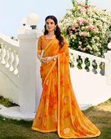 Vishal Prints Pumpkin Orange Printed Chiffon Saree With Foil Print And Fancy Border