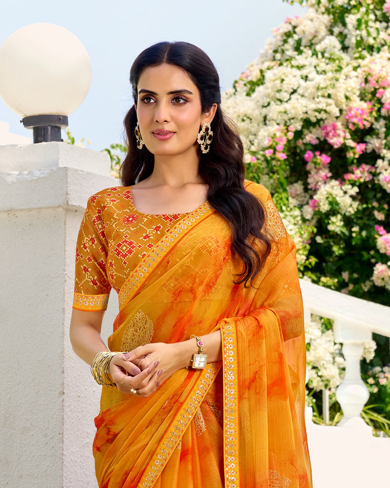 Vishal Prints Pumpkin Orange Printed Chiffon Saree With Foil Print And Fancy Border
