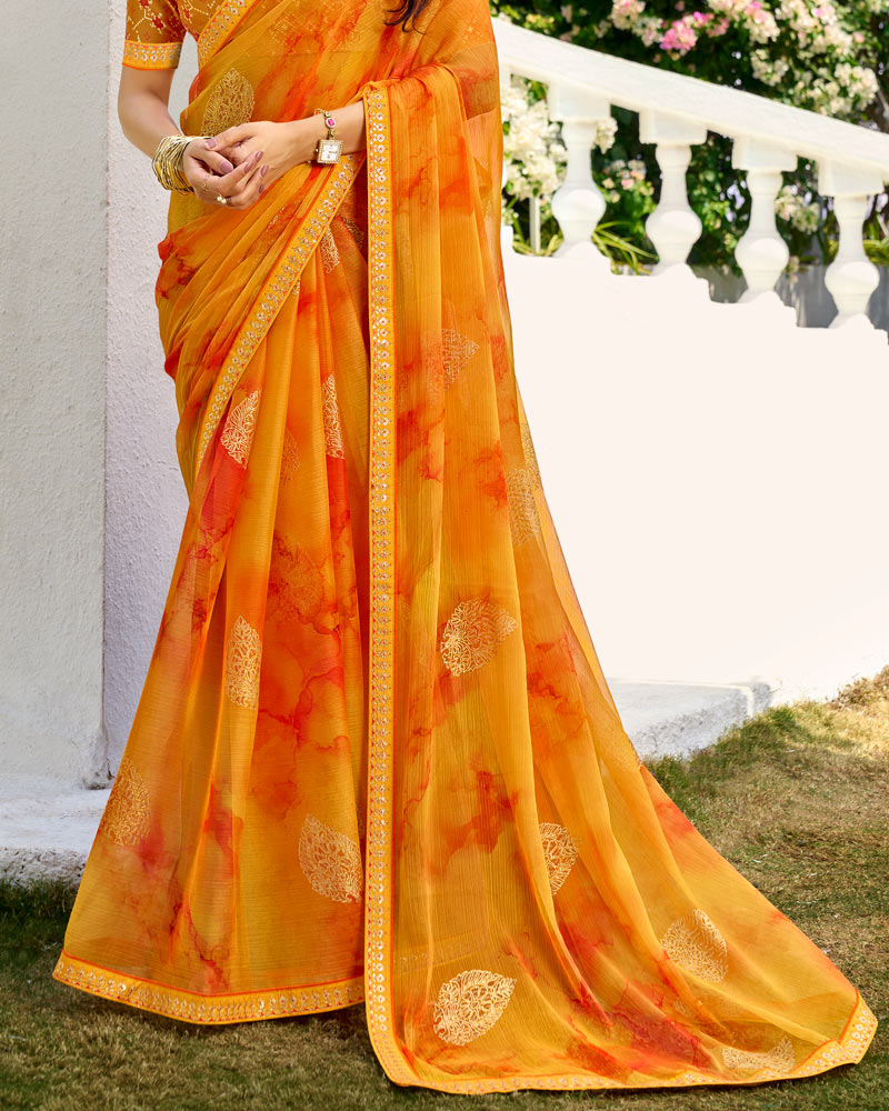 Vishal Prints Pumpkin Orange Printed Chiffon Saree With Foil Print And Fancy Border