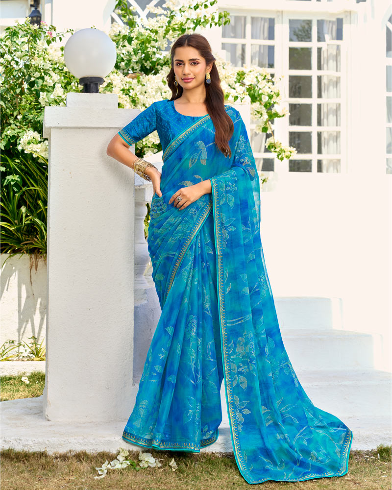 Vishal Prints French Blue Printed Chiffon Saree With Foil Print And Fancy Border