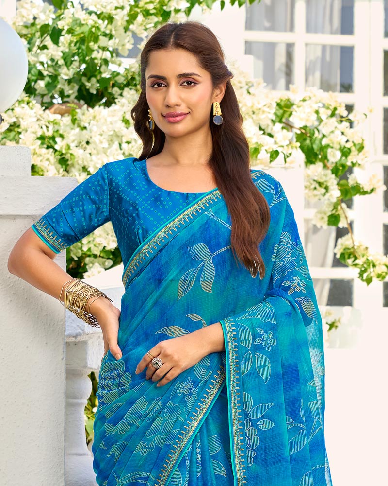 Vishal Prints French Blue Printed Chiffon Saree With Foil Print And Fancy Border