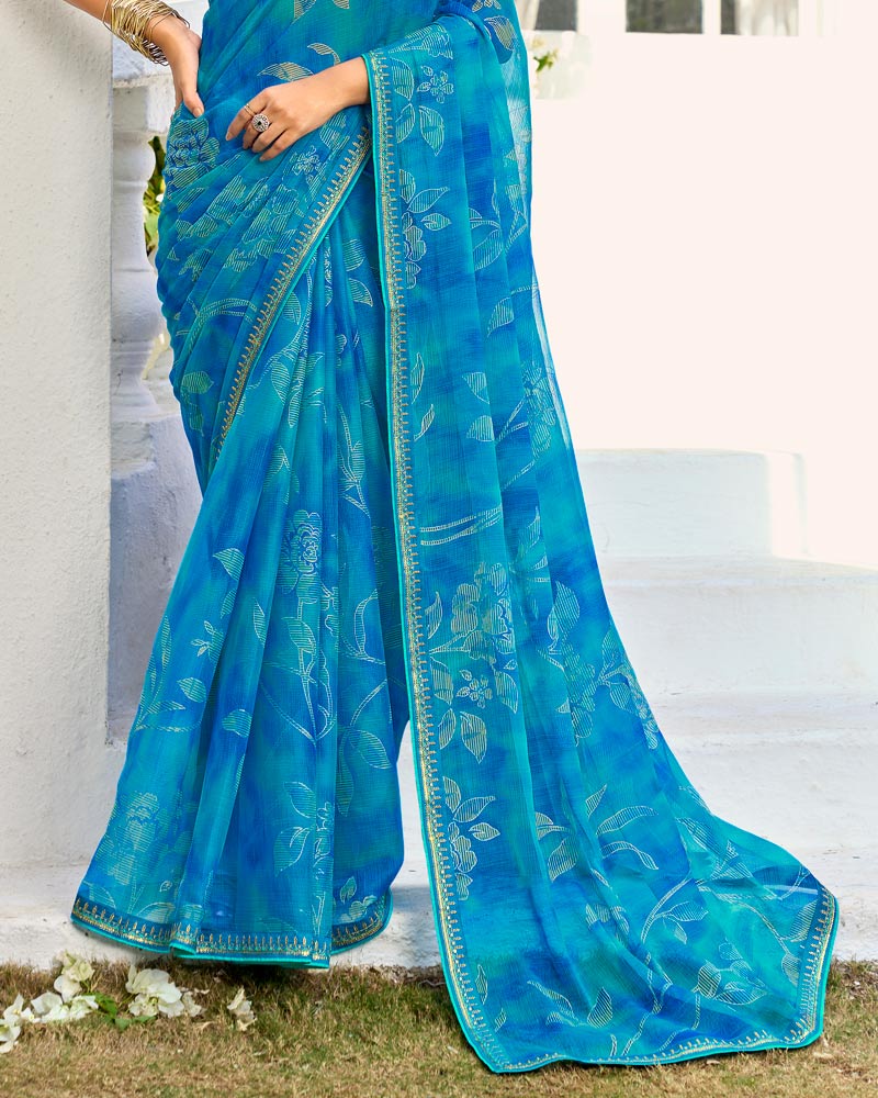 Vishal Prints French Blue Printed Chiffon Saree With Foil Print And Fancy Border