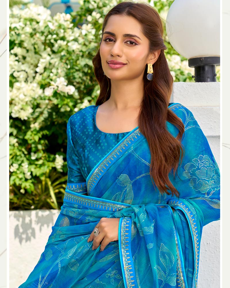 Vishal Prints French Blue Printed Chiffon Saree With Foil Print And Fancy Border
