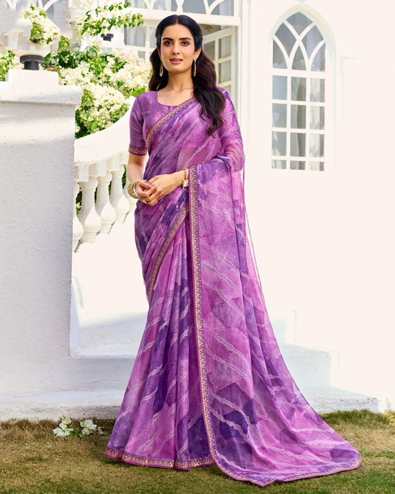 Vishal Prints Lavender Purple Printed Chiffon Saree With Foil Print And Fancy Border