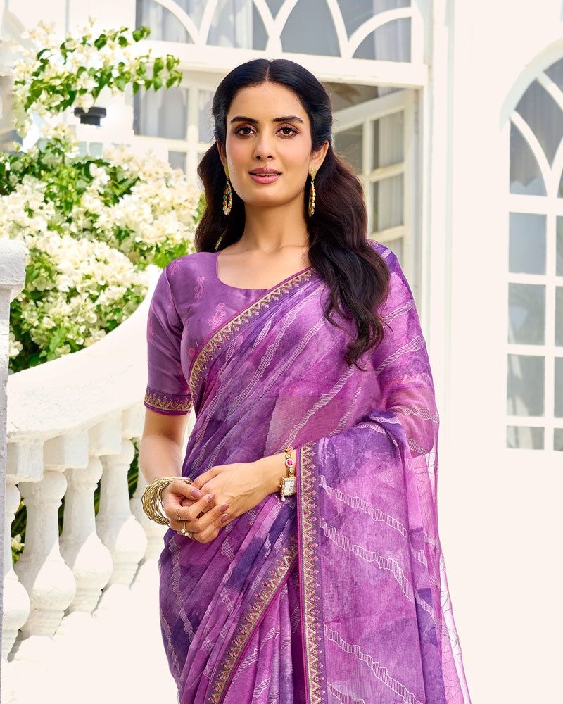 Vishal Prints Lavender Purple Printed Chiffon Saree With Foil Print And Fancy Border