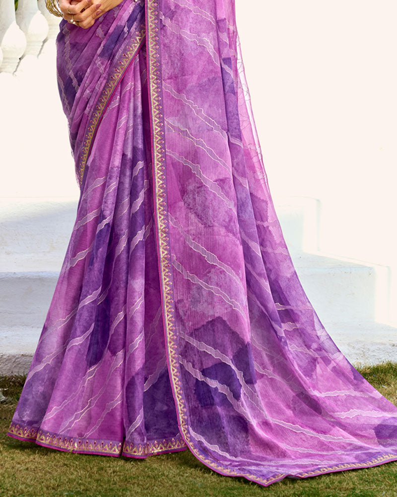 Vishal Prints Lavender Purple Printed Chiffon Saree With Foil Print And Fancy Border