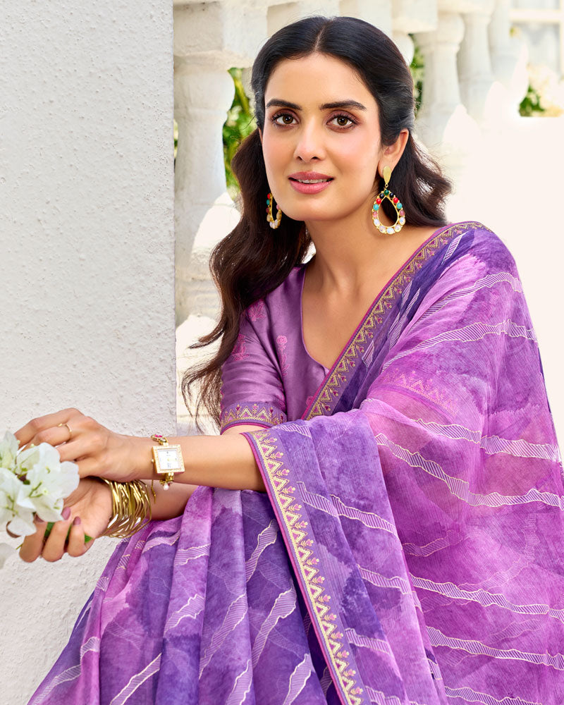 Vishal Prints Lavender Purple Printed Chiffon Saree With Foil Print And Fancy Border