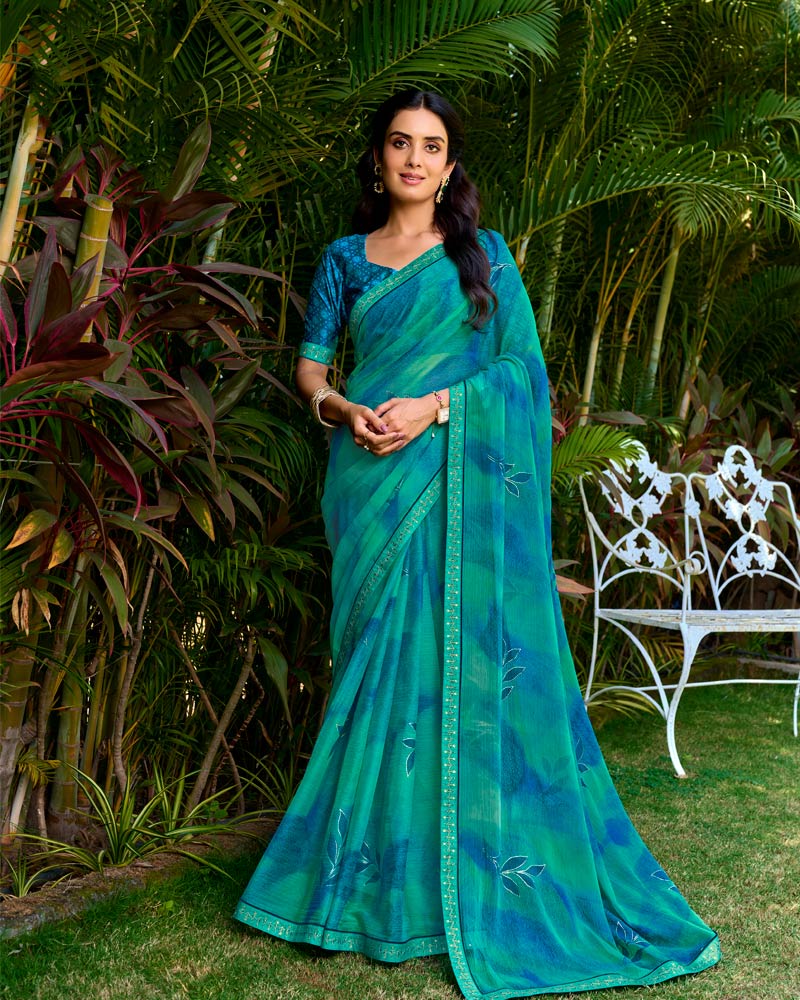 Vishal Prints Persian Green Printed Chiffon Saree With Foil Print And Fancy Border