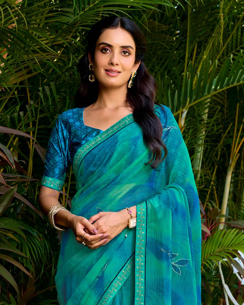 Vishal Prints Persian Green Printed Chiffon Saree With Foil Print And Fancy Border