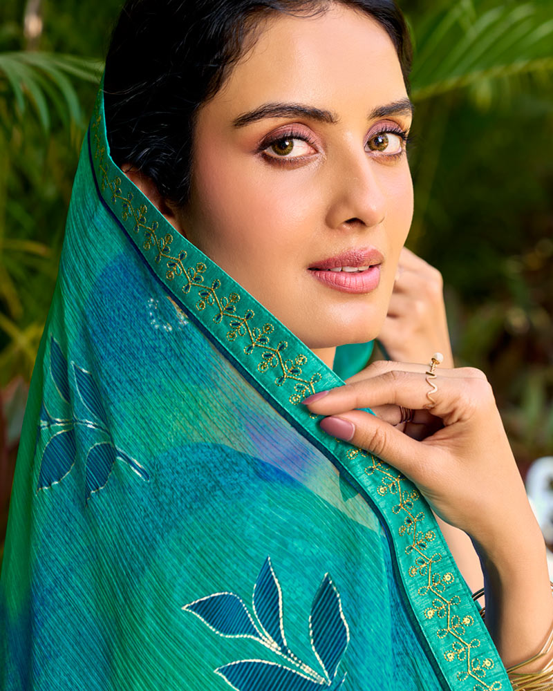 Vishal Prints Persian Green Printed Chiffon Saree With Foil Print And Fancy Border