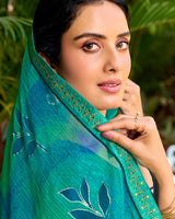 Vishal Prints Persian Green Printed Chiffon Saree With Foil Print And Fancy Border
