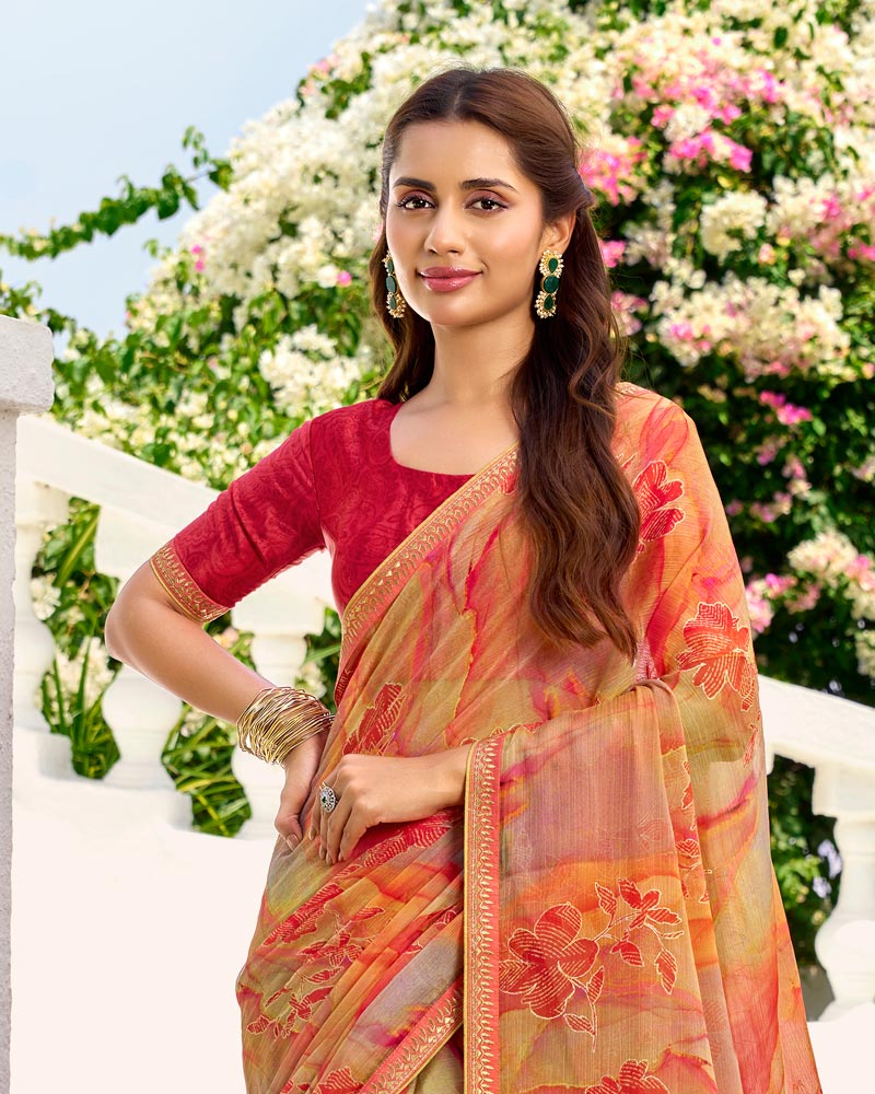 Vishal Prints Faded Orange Printed Chiffon Saree With Foil Print And Fancy Border