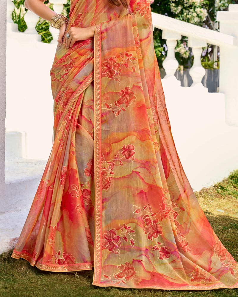 Vishal Prints Faded Orange Printed Chiffon Saree With Foil Print And Fancy Border