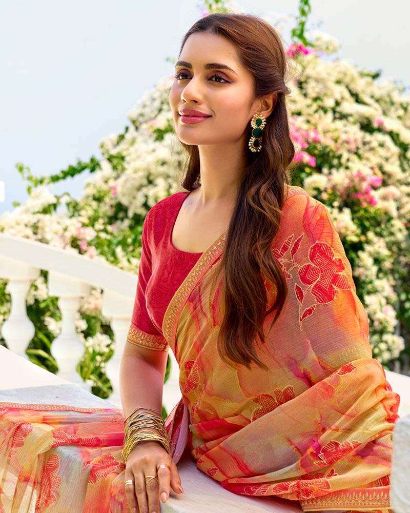 Vishal Prints Faded Orange Printed Chiffon Saree With Foil Print And Fancy Border