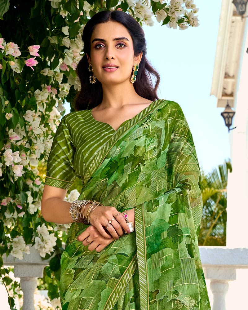 Vishal Prints Fern Green Printed Chiffon Saree With Foil Print And Fancy Border