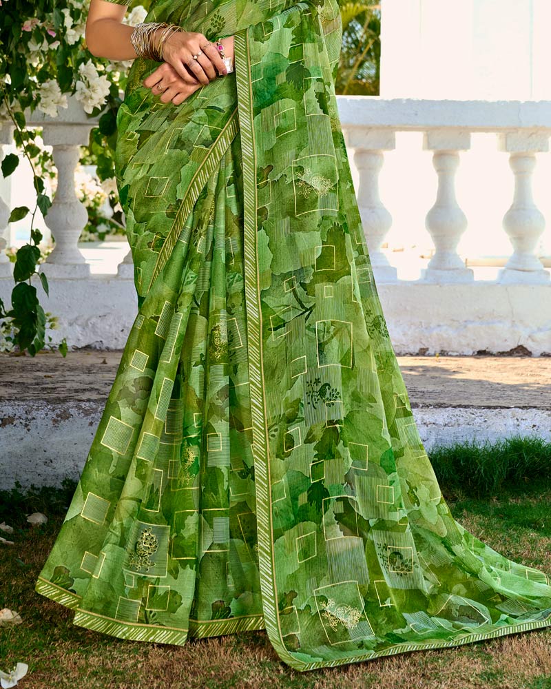 Vishal Prints Fern Green Printed Chiffon Saree With Foil Print And Fancy Border