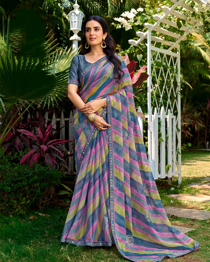 Vishal Prints Dark Lilac And Blue Grey Printed Chiffon Saree With Foil Print And Fancy Border