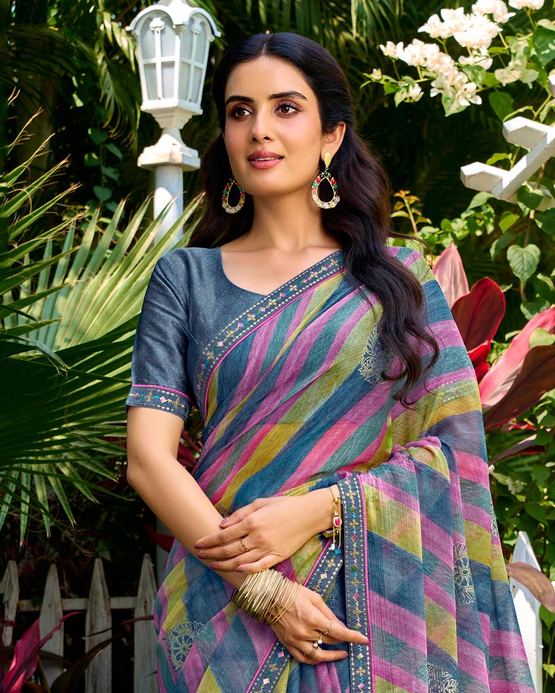 Vishal Prints Dark Lilac And Blue Grey Printed Chiffon Saree With Foil Print And Fancy Border