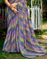 Vishal Prints Dark Lilac And Blue Grey Printed Chiffon Saree With Foil Print And Fancy Border