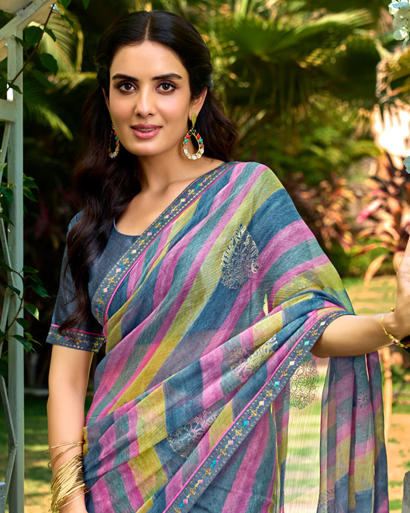Vishal Prints Dark Lilac And Blue Grey Printed Chiffon Saree With Foil Print And Fancy Border