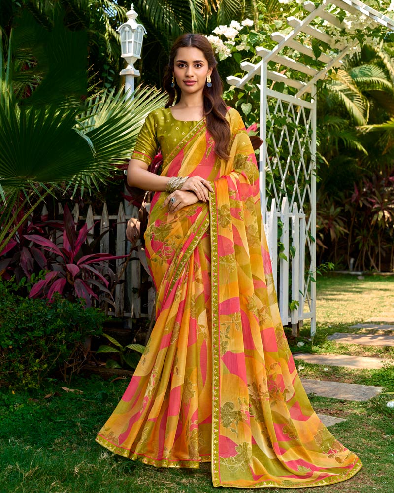 Vishal Prints Dusty Orange Printed Chiffon Saree With Foil Print And Fancy Border