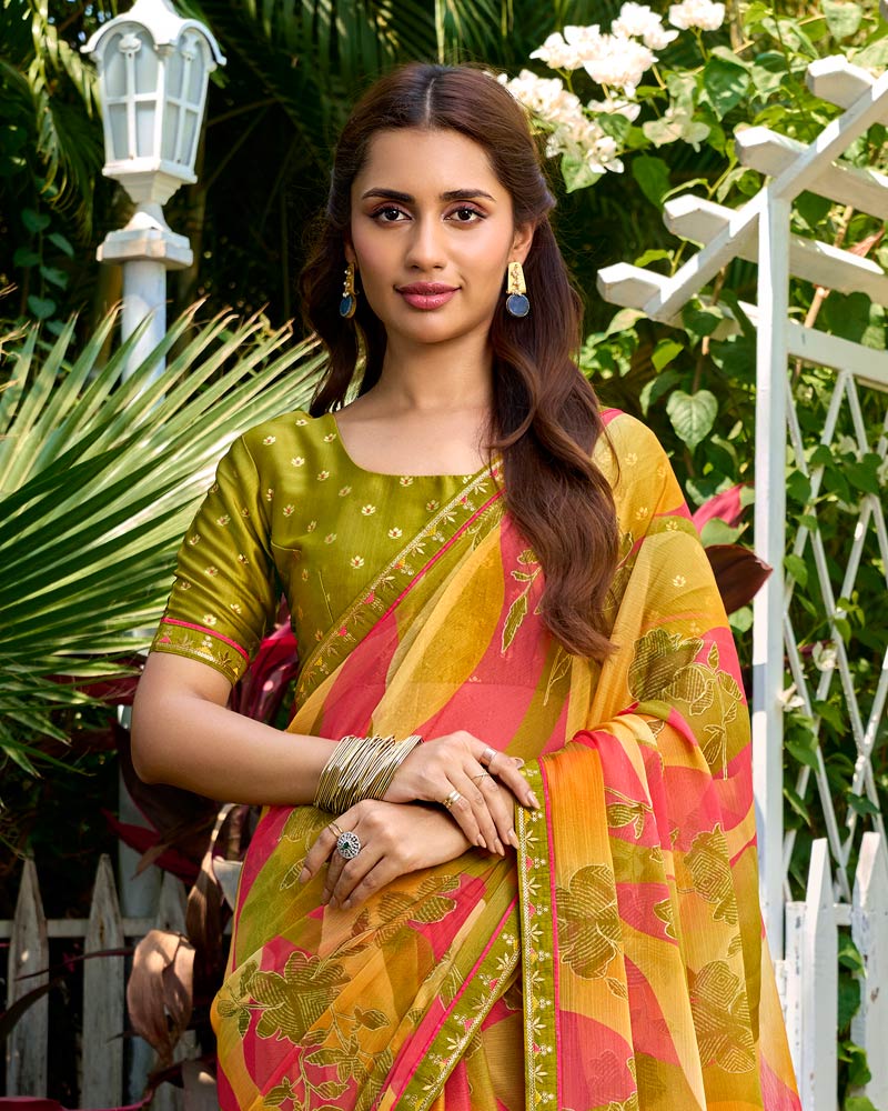 Vishal Prints Dusty Orange Printed Chiffon Saree With Foil Print And Fancy Border