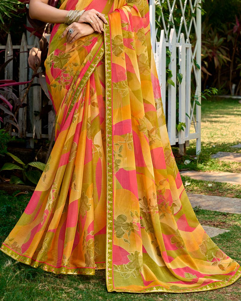 Vishal Prints Dusty Orange Printed Chiffon Saree With Foil Print And Fancy Border