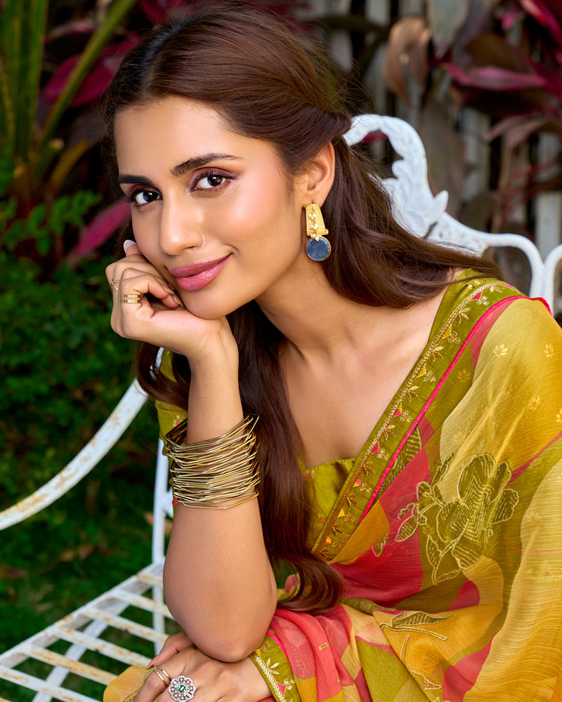 Vishal Prints Dusty Orange Printed Chiffon Saree With Foil Print And Fancy Border
