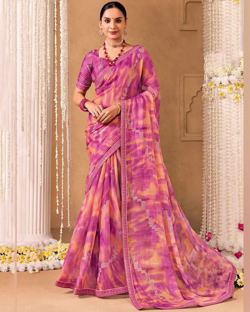 Vishal Prints Royal Fuchsia Designer Shimmer-Chiffon Saree With Foil Print And Fancy Embroidery Border