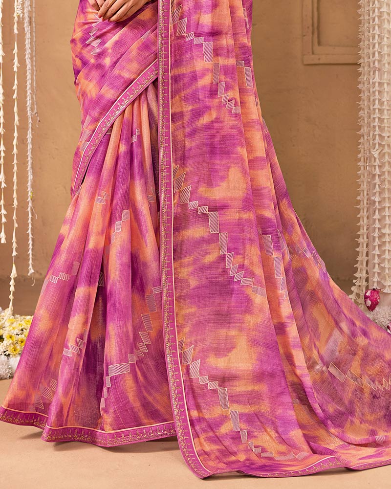Vishal Prints Royal Fuchsia Designer Shimmer-Chiffon Saree With Foil Print And Fancy Embroidery Border