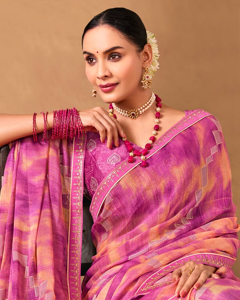 Vishal Prints Royal Fuchsia Designer Shimmer-Chiffon Saree With Foil Print And Fancy Embroidery Border