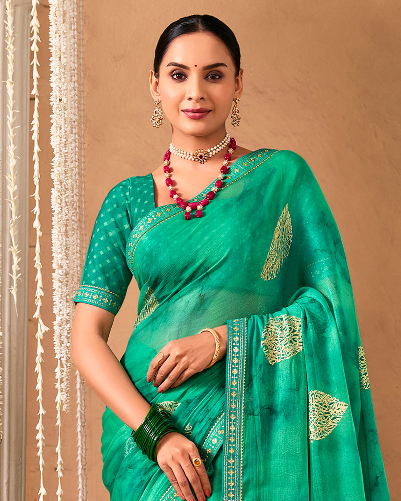 Vishal Prints Dark Mint Green Designer Shimmer-Chiffon Saree With Foil Print And Fancy Embroidery Border