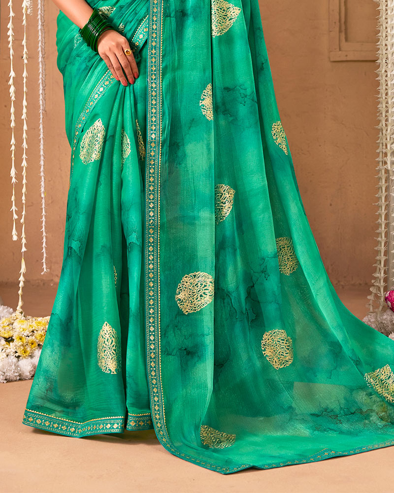 Vishal Prints Dark Mint Green Designer Shimmer-Chiffon Saree With Foil Print And Fancy Embroidery Border