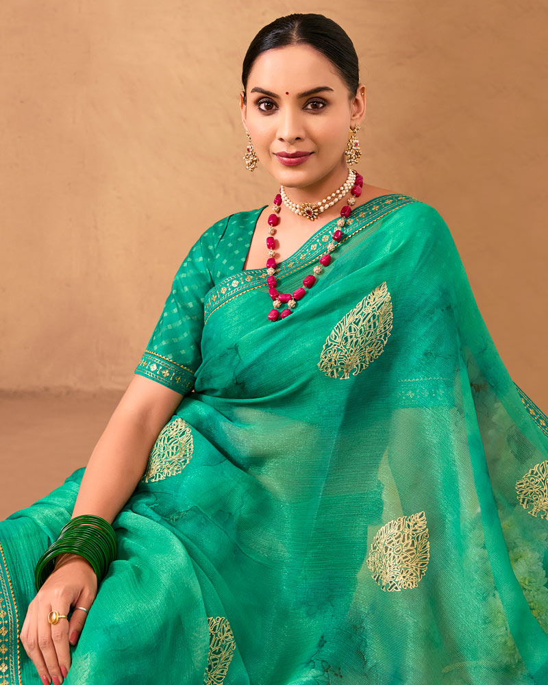 Vishal Prints Dark Mint Green Designer Shimmer-Chiffon Saree With Foil Print And Fancy Embroidery Border